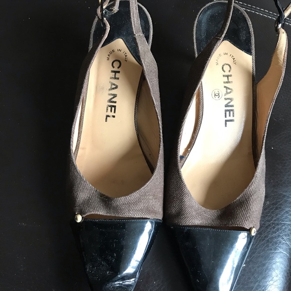 Brown fabric and patent leather sling back shoes , EU 38 - Picture 9 of 9